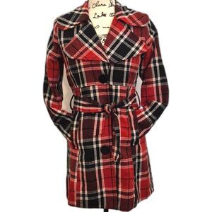Vtg Y2K Wet Seal Plaid Peacoat S Wool Blend Belted Red Preppy Mall Goth Coat